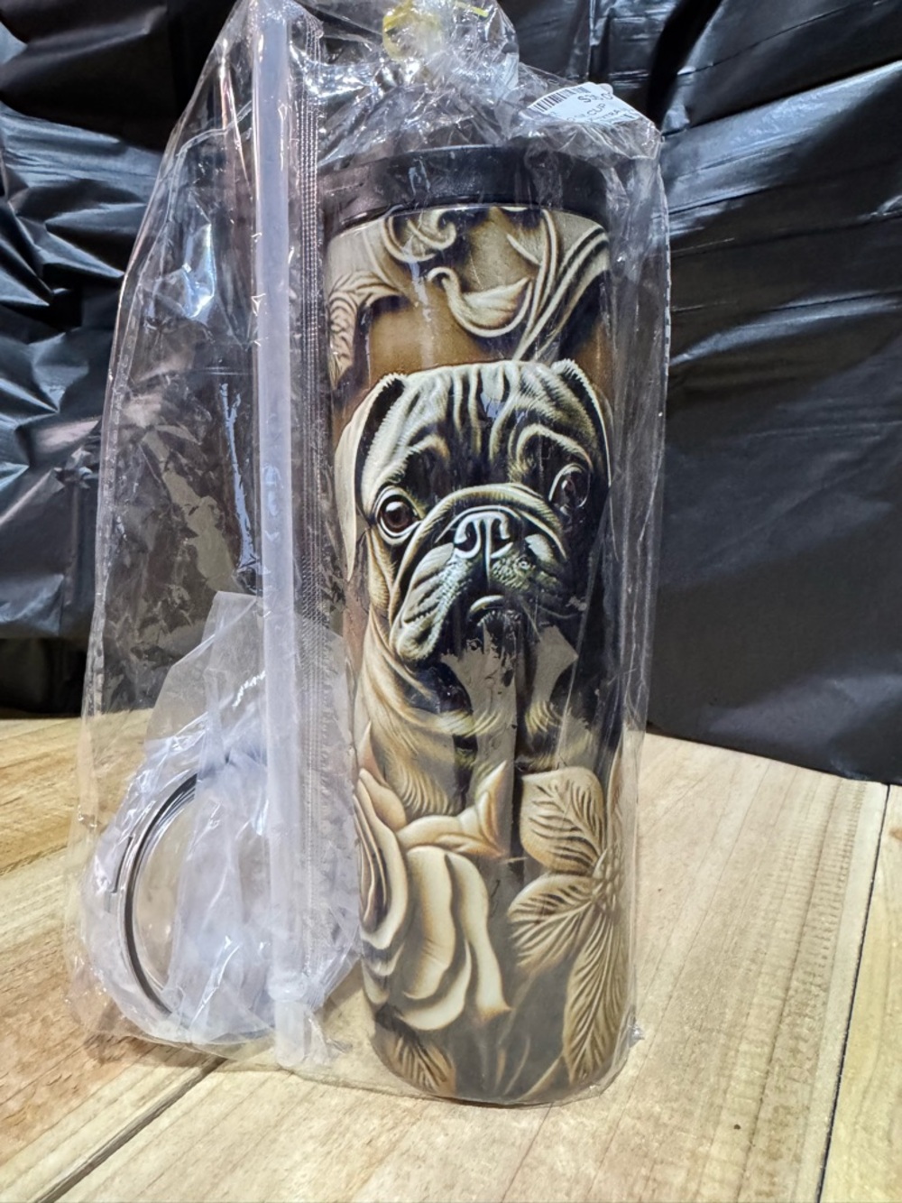 Source Unknown Brown and Cream Pug Floral Insulated Tumbler